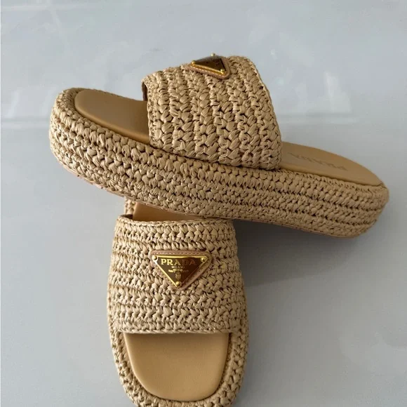 Prada Beige Woven Raffia Slide Sandals Size 37 - Picture 3 of 8